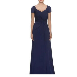 La Femme V-Neck Cap Sleeve Jersey Gown Ruching Navy Blue Formal Women’s 6